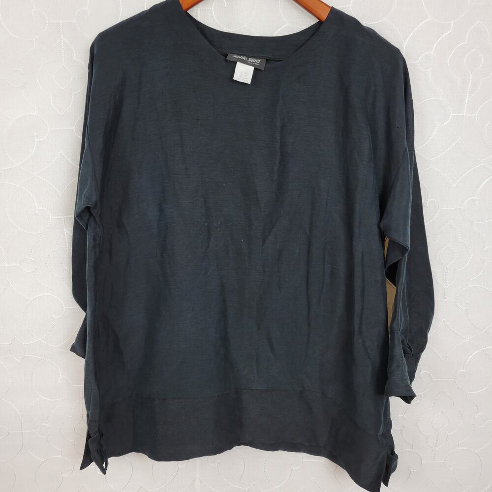 VTG Sophie Finzi Top Womens S Black Silk Linen Blend Lagenlook Tunic Shirt